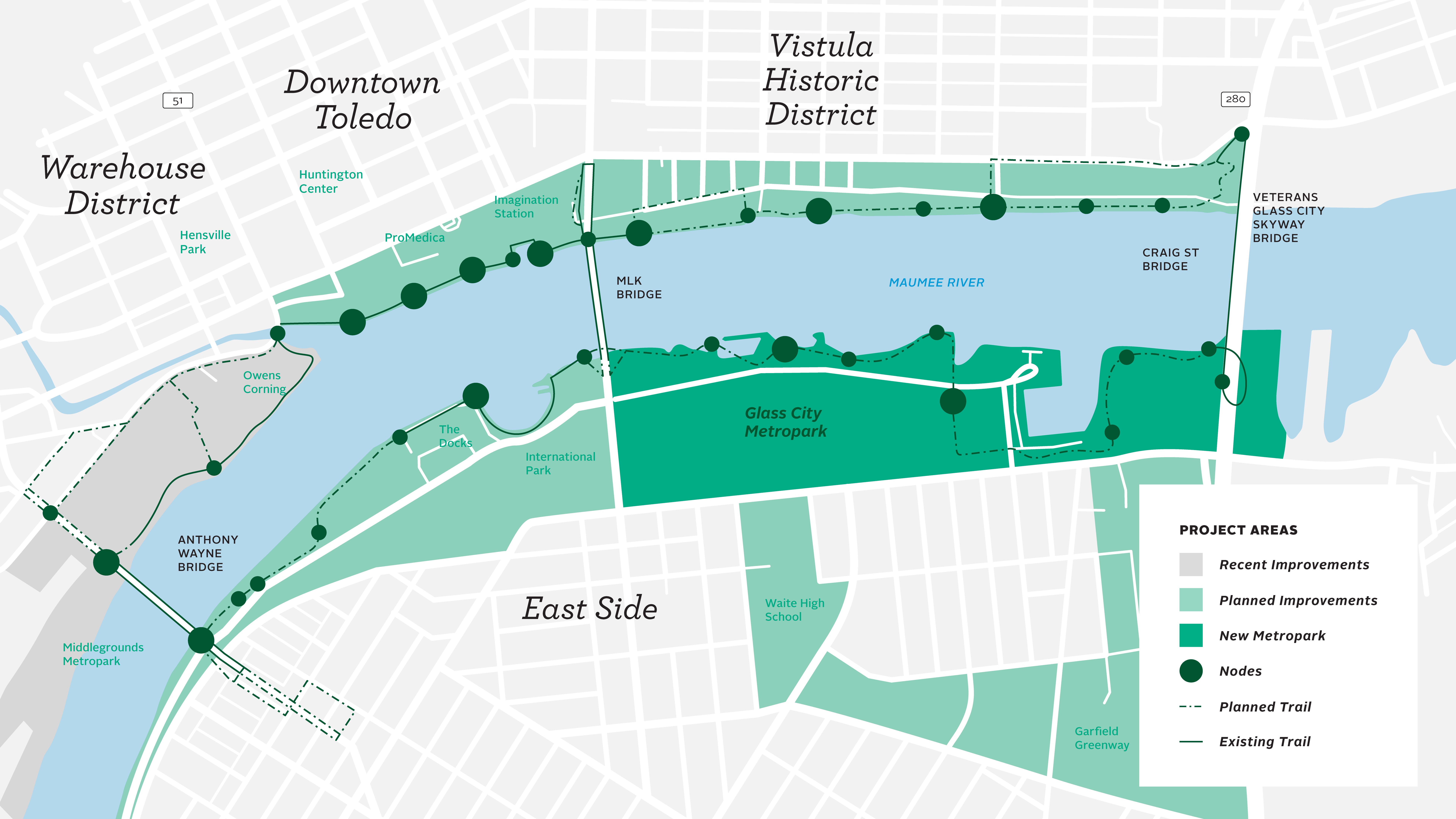 Stylized map of Glass City Riverwalk