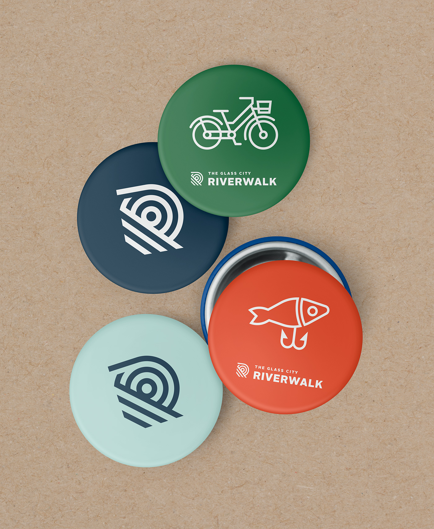 Buttons with Glass City Riverwalk branding
