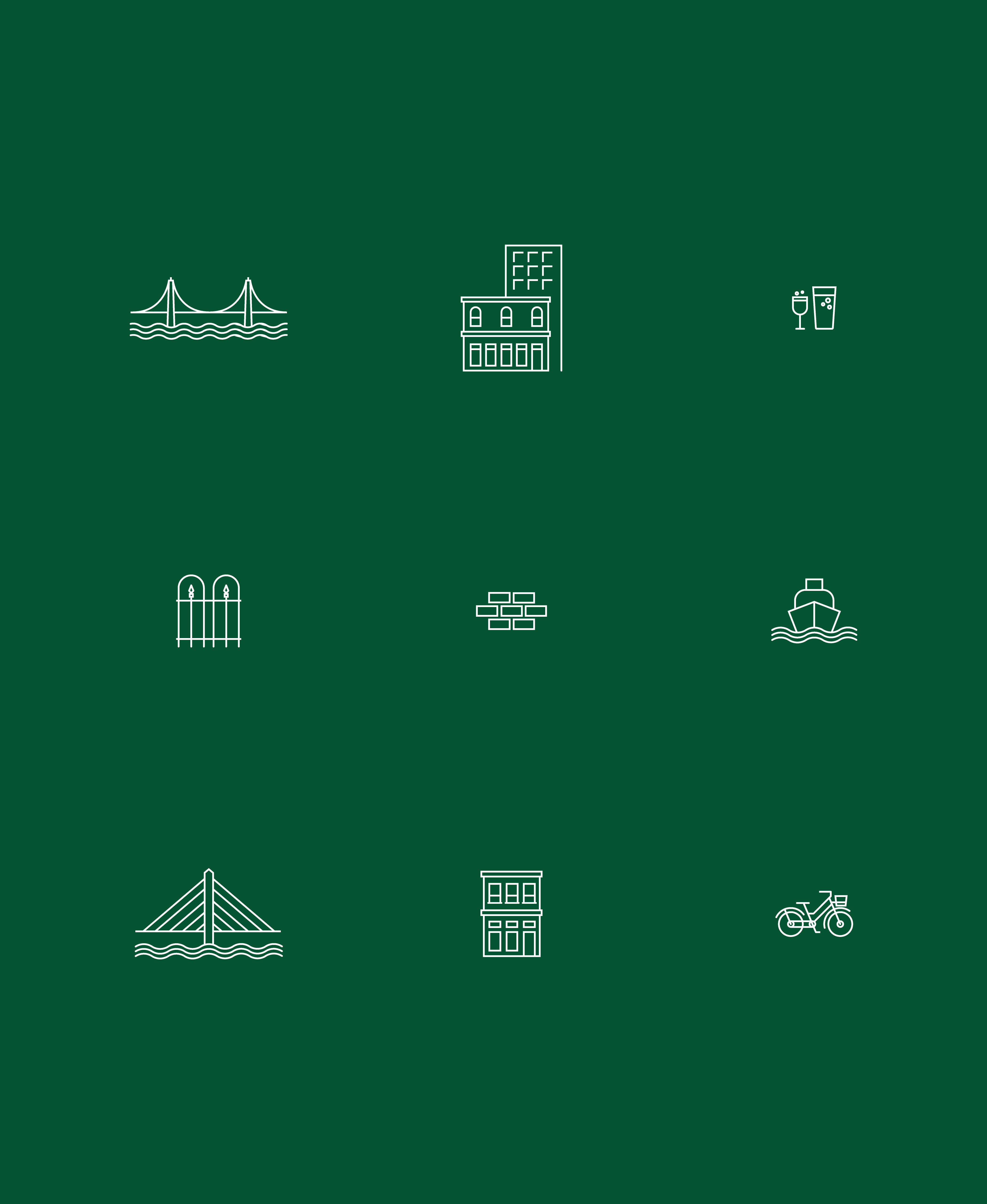White icons on green background