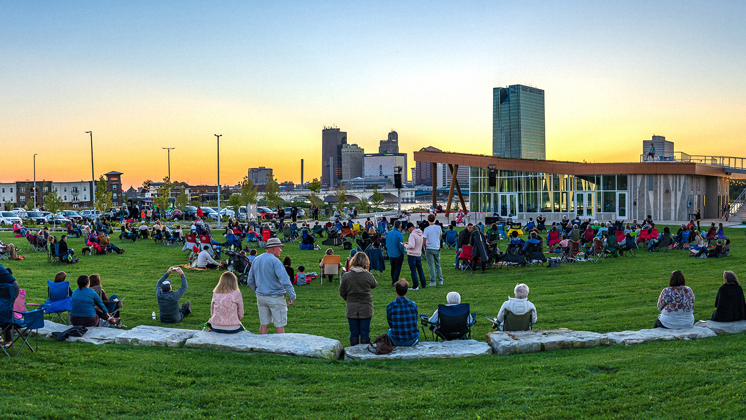 Crowd outside on summer evening