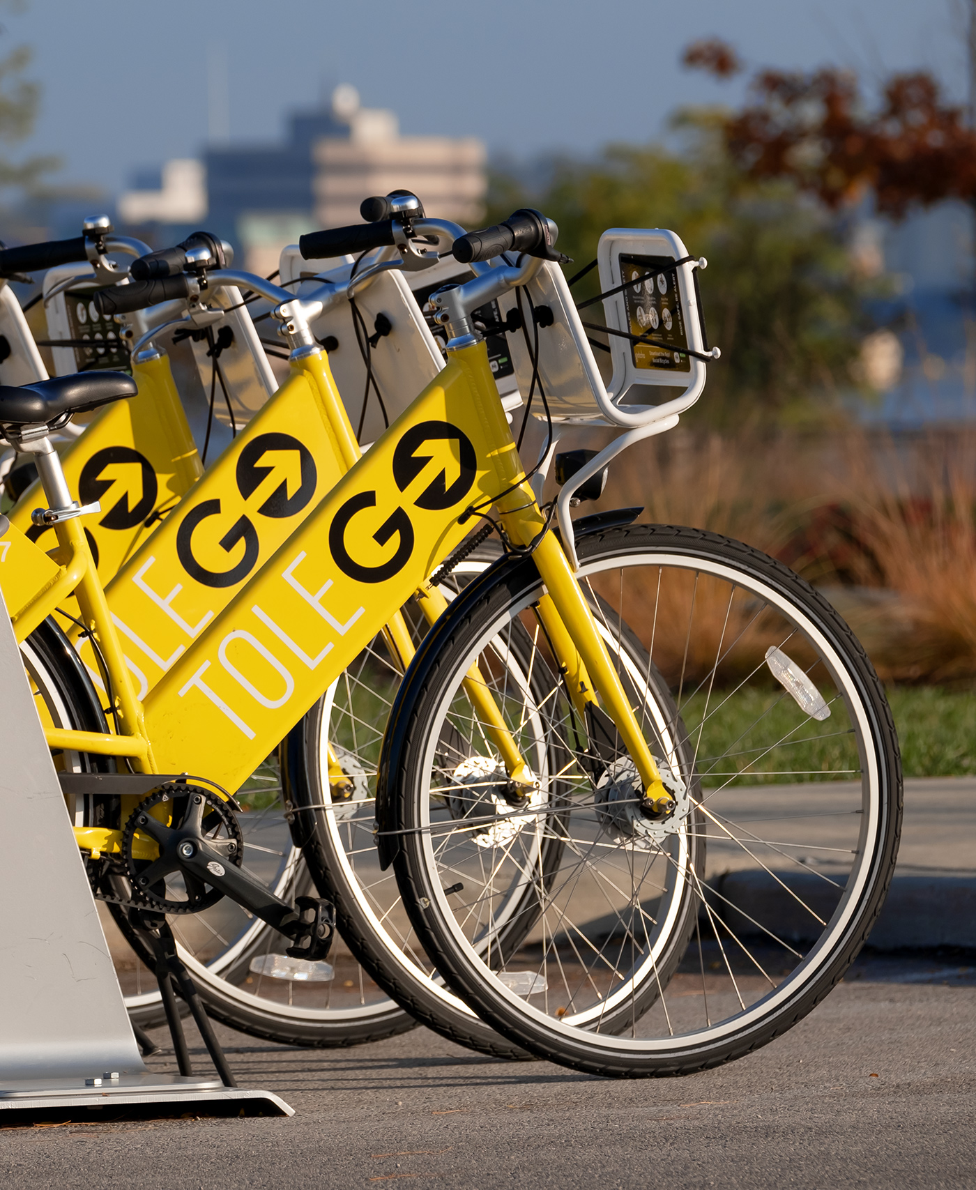 Yellow bikes stacked alongside each other