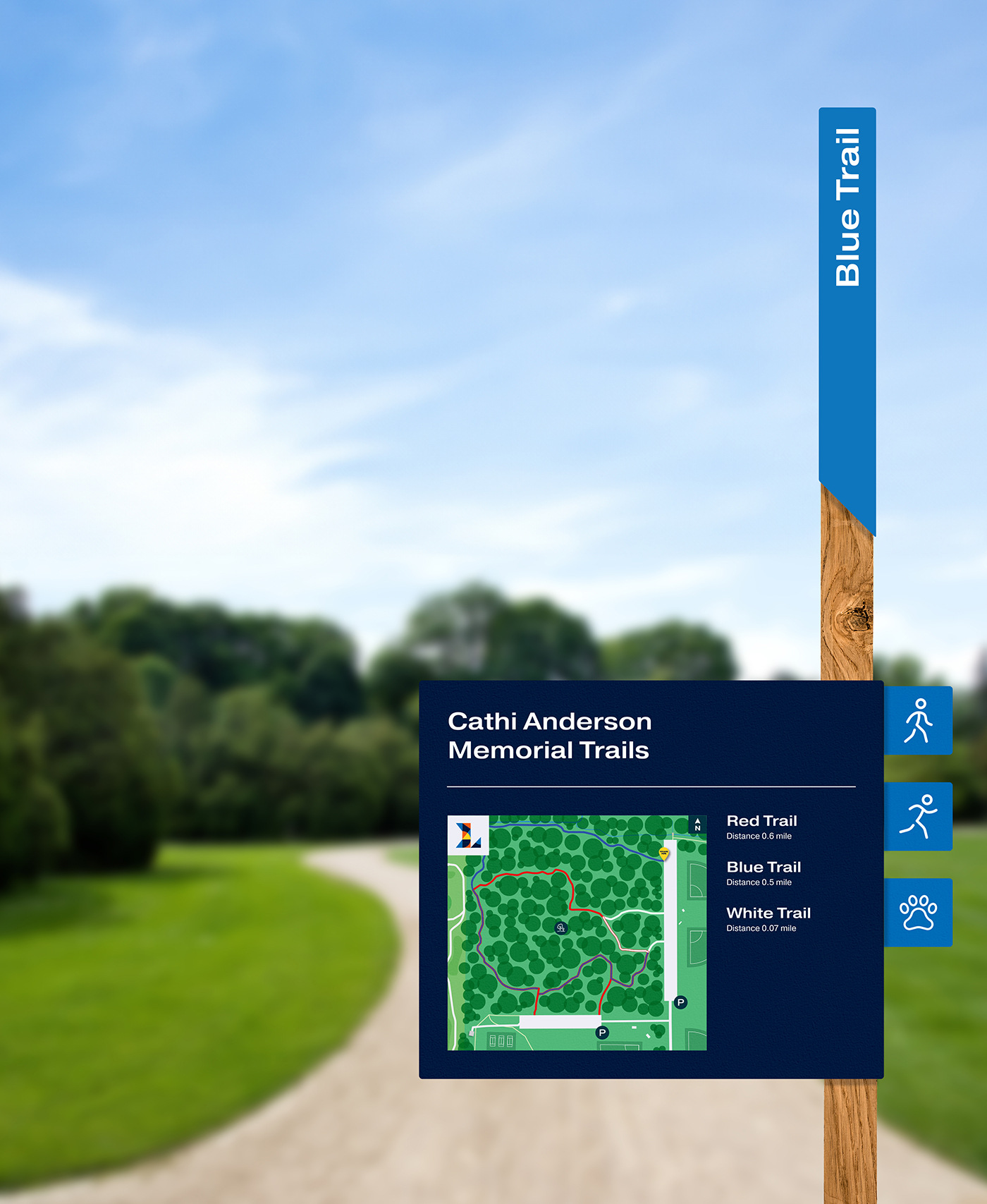 Park signage set up by a trail in a grass medow
