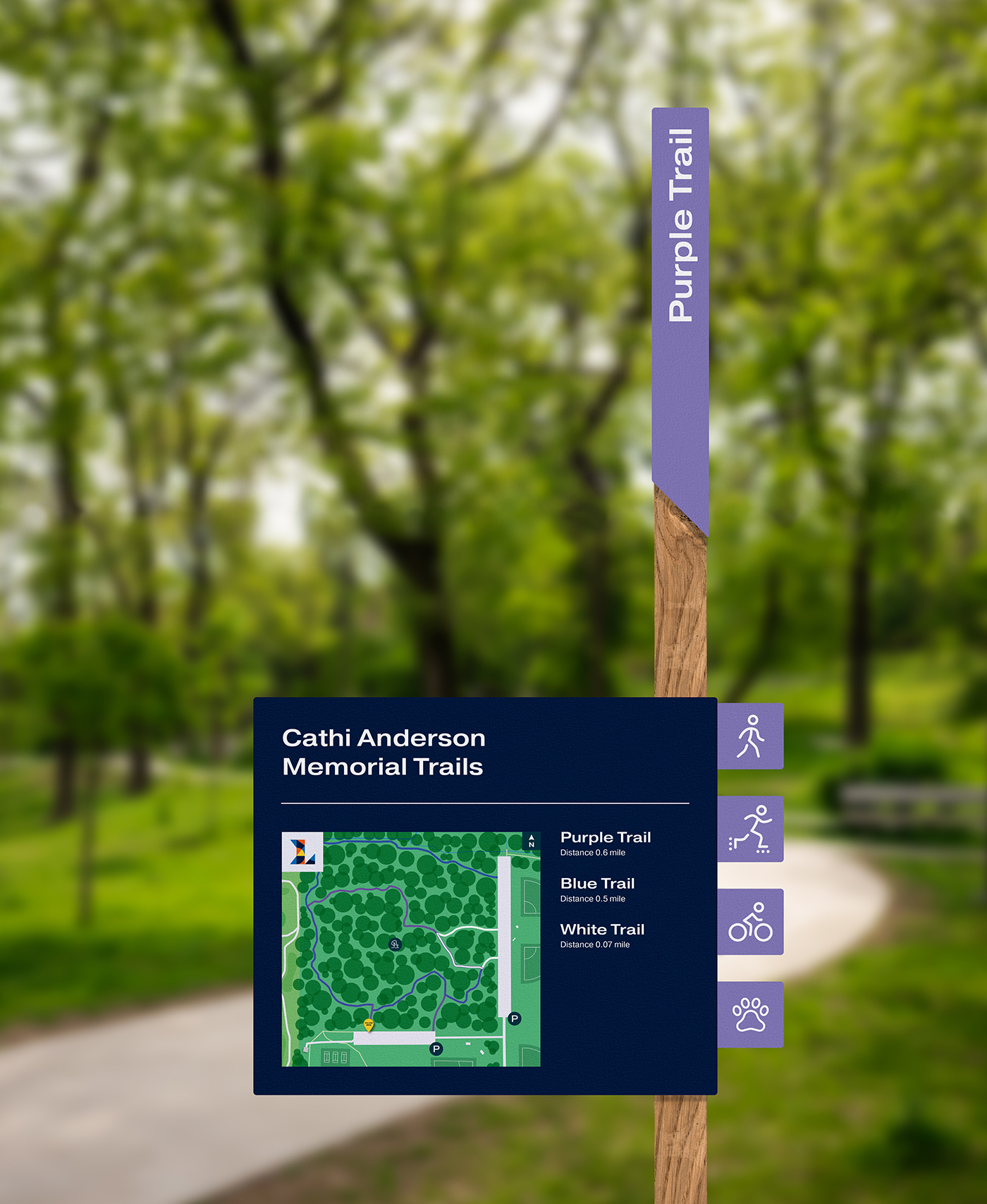 Park signage set up by a trail in a wooded canopy