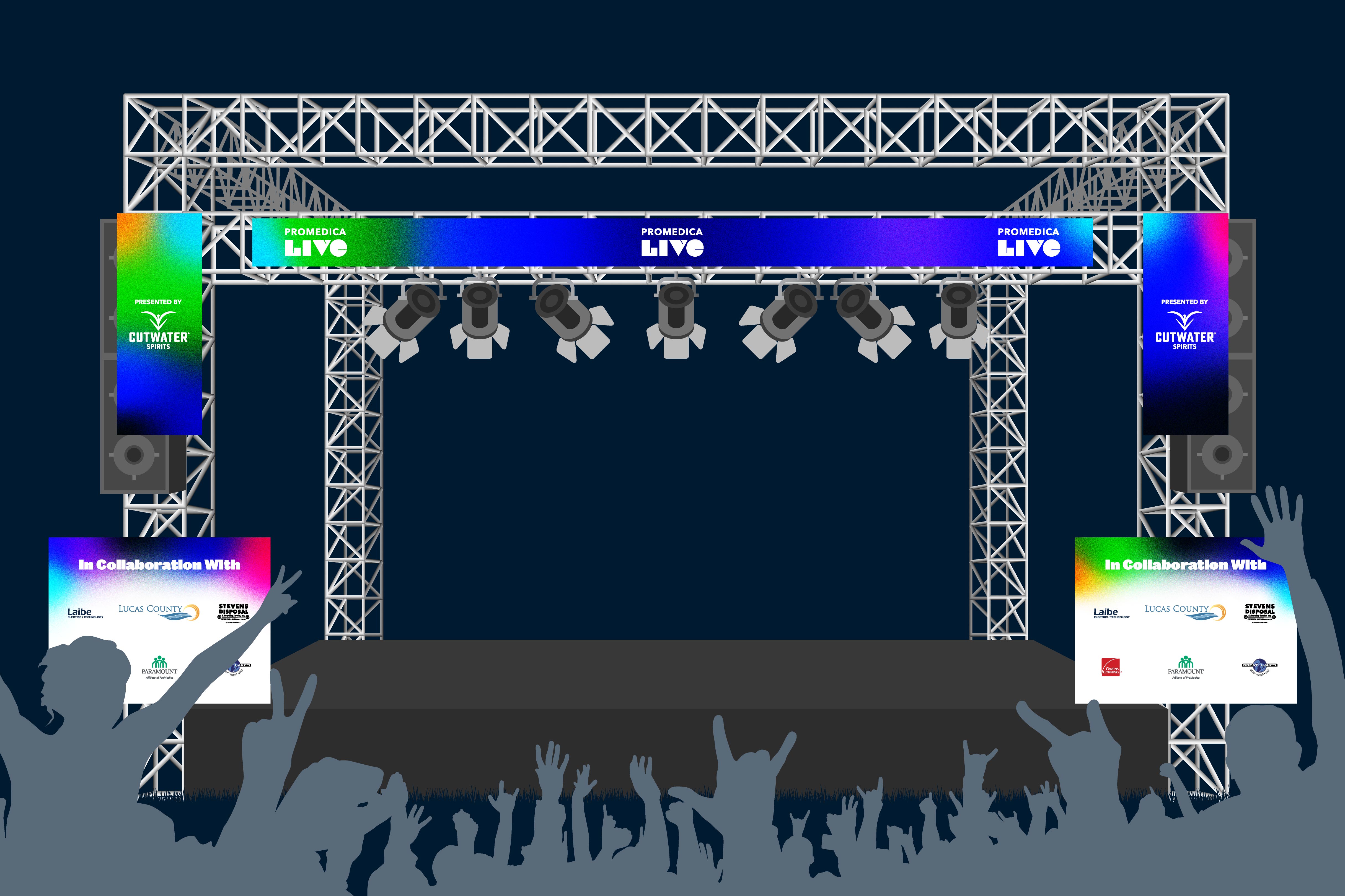 Graphic sketch of a stage with ProMedica Live branded stage banners and fans cheering